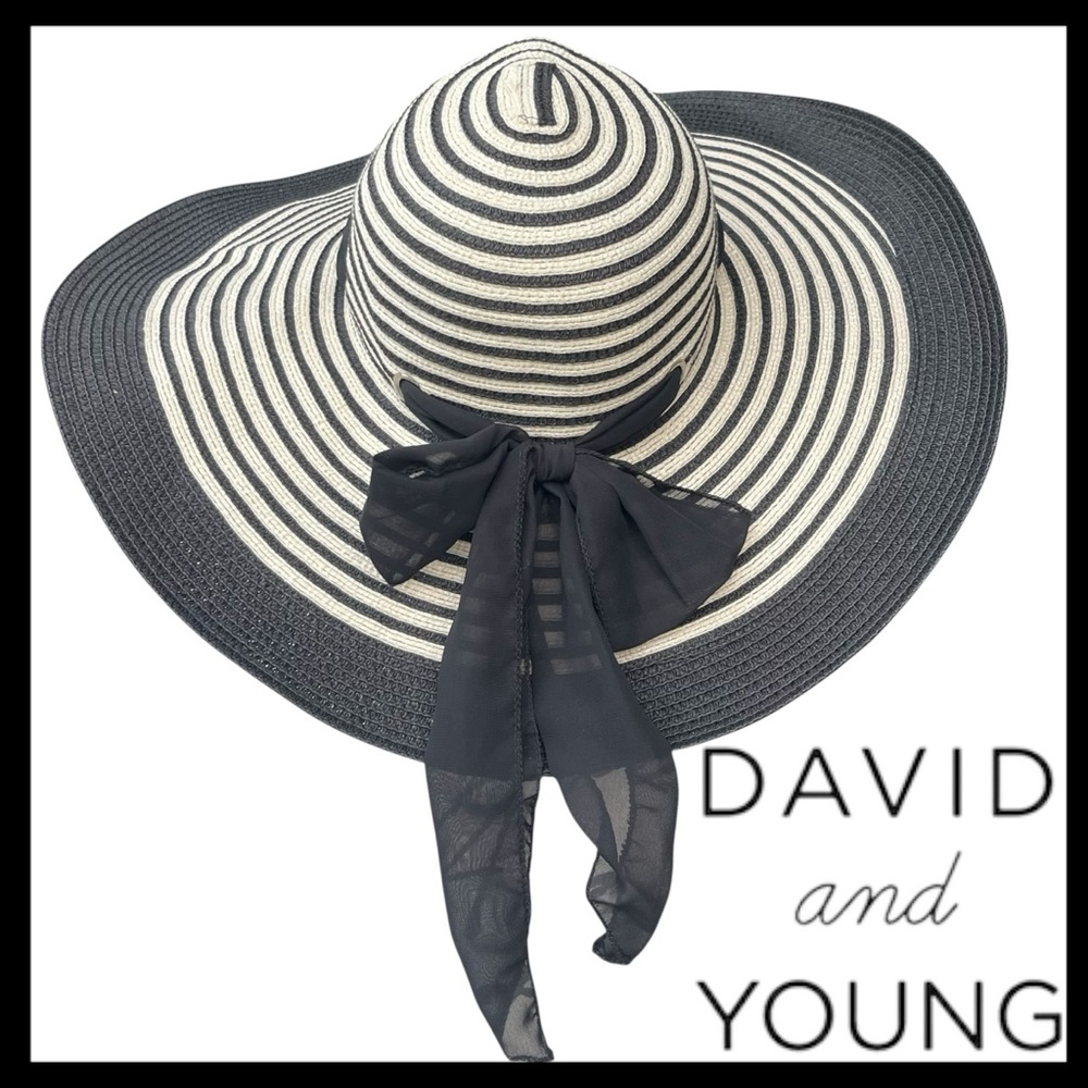 David & Young Black/Cream Adjustable Tie Wide Brim Sun Hat - Picture 3 of 8